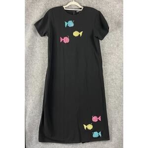 Vintage Richard Dress Womens XL Black Fish Embroidery Beaded Hong Kong Artsy 80s